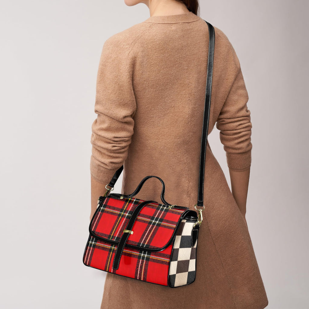 Rich and Rich Chocolate Red Checkered Women's Leather Satchel Bag