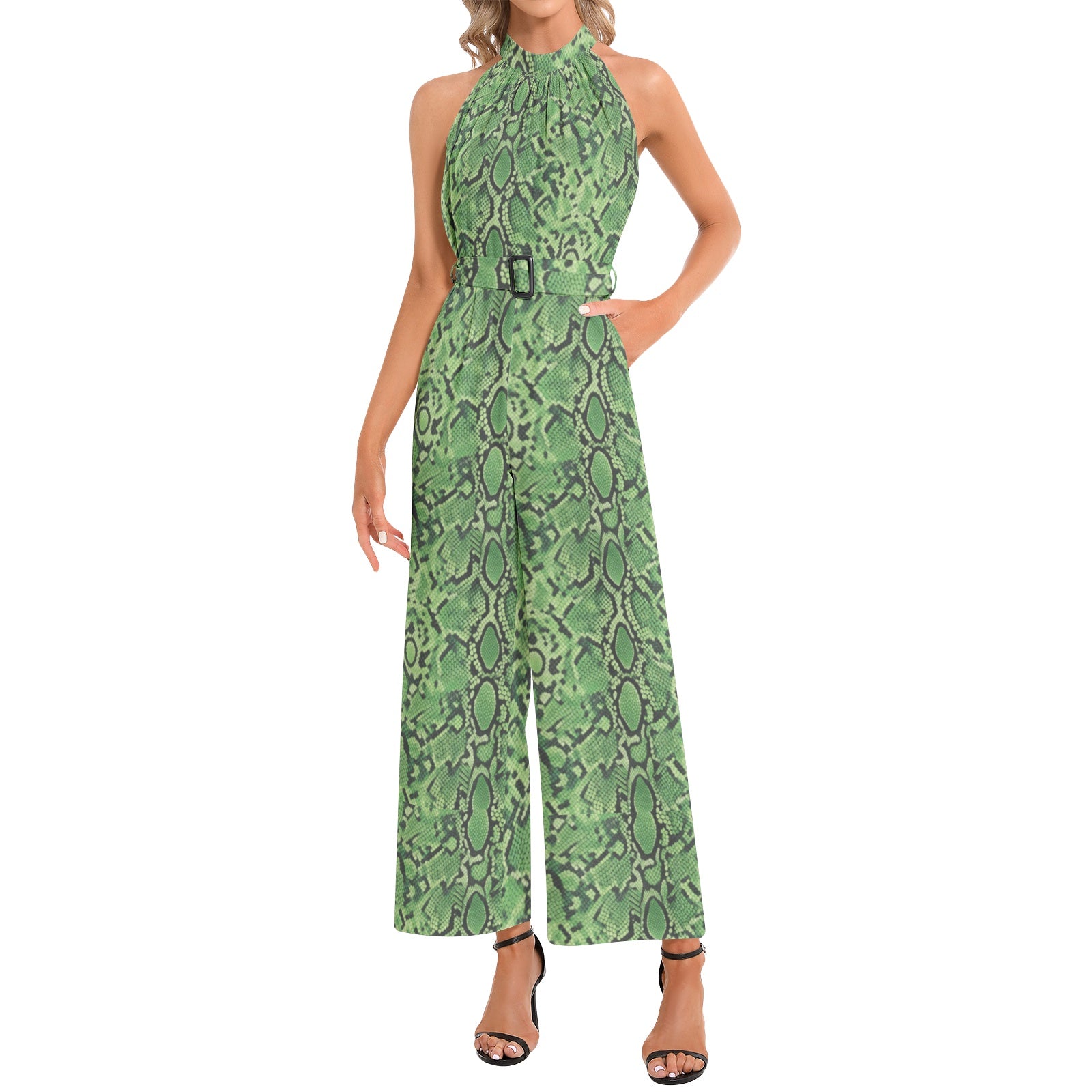 Rich and Rich Green Abstract Halter Neck Buckle Belted Women's Jumpsuit
