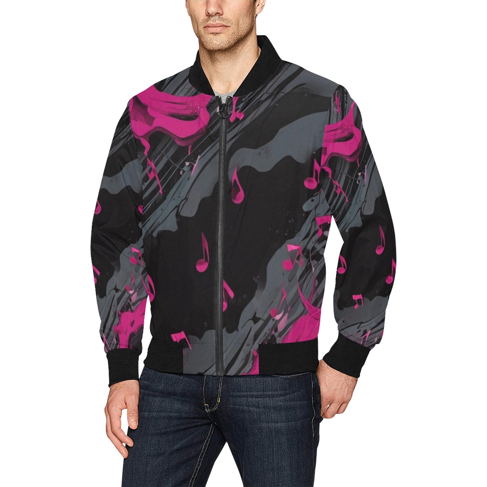Men's magenta all-over print bomber jacket with front zip and pouch pockets