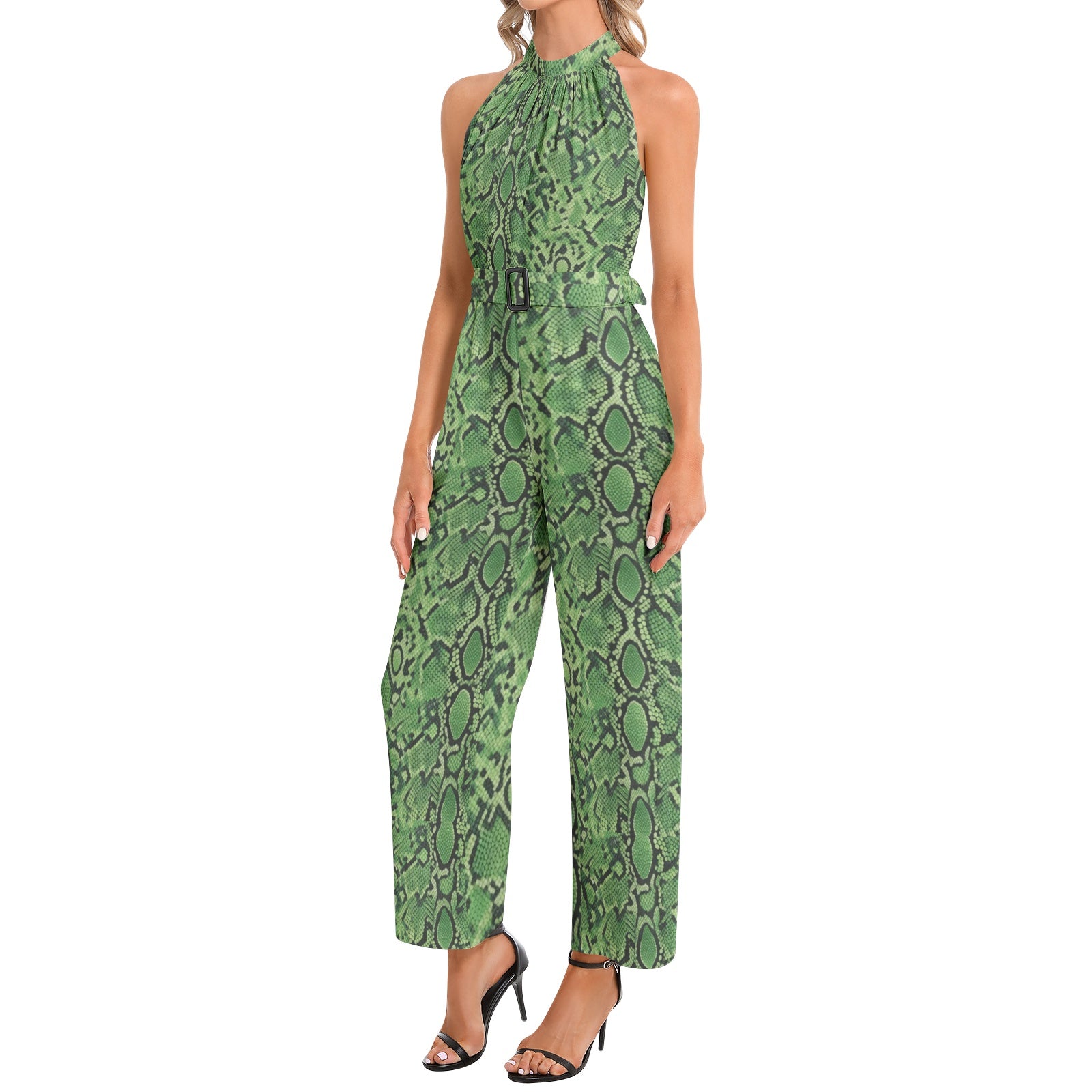 Rich and Rich Green Abstract Halter Neck Buckle Belted Women's Jumpsuit