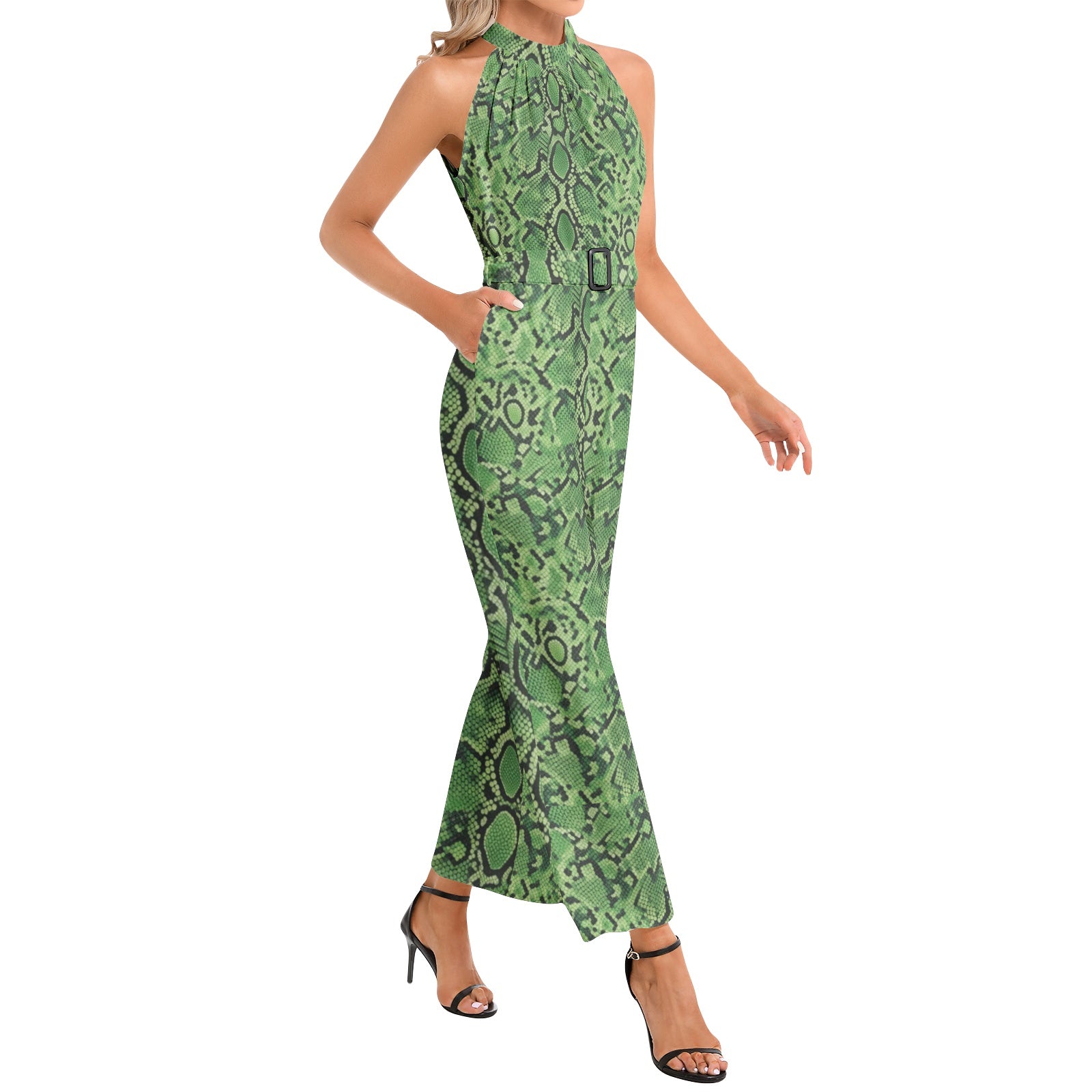 Rich and Rich Green Abstract Halter Neck Buckle Belted Women's Jumpsuit