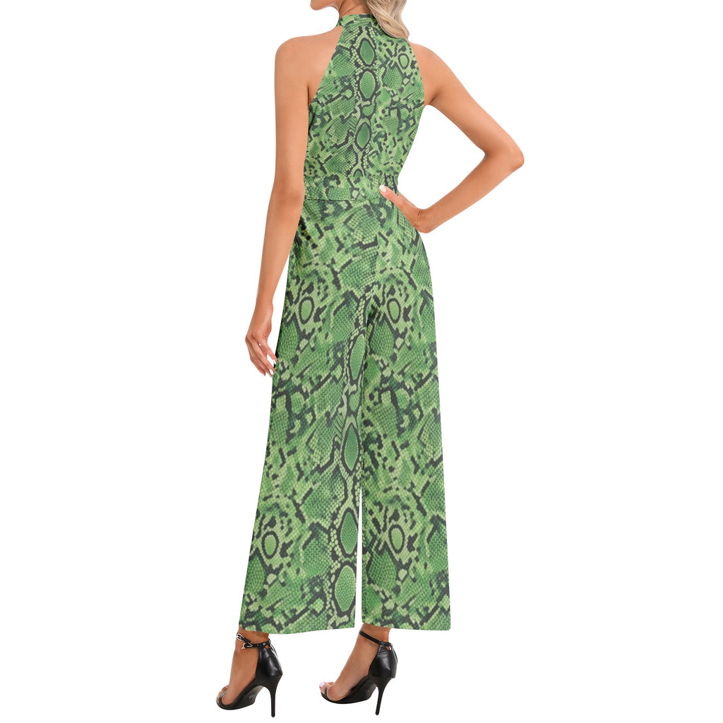 Rich and Rich Women's Green Abstract Print Halter Neck Belted Chiffon Jumpsuit with pockets