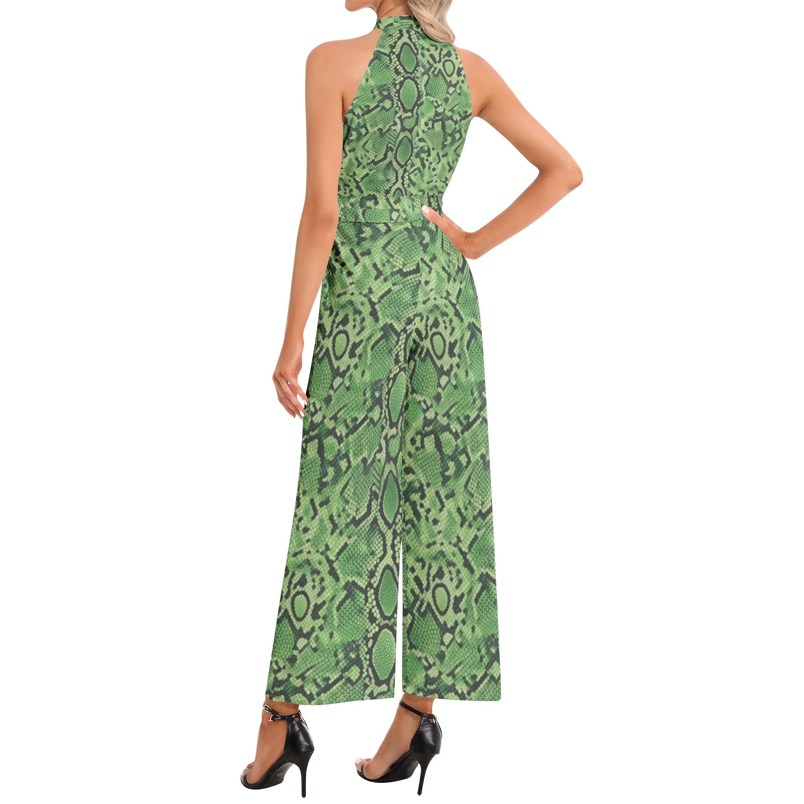 Rich and Rich Green Abstract Halter Neck Buckle Belted Women's Jumpsuit