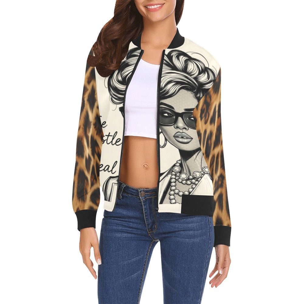 Brown caricature all-over print bomber jacket with ribbed collar, elastic cuffs and zip front — alternate view