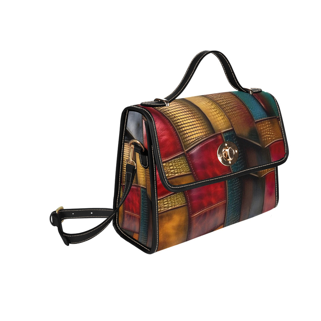 R&RH Multi Brown Color Block Womens Waterproof Leather Tote Bag with Black Adjustable Straps