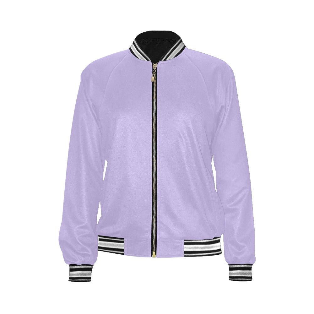 Violet all-over print women's bomber jacket with ribbed collar and pouch pockets — alternate view