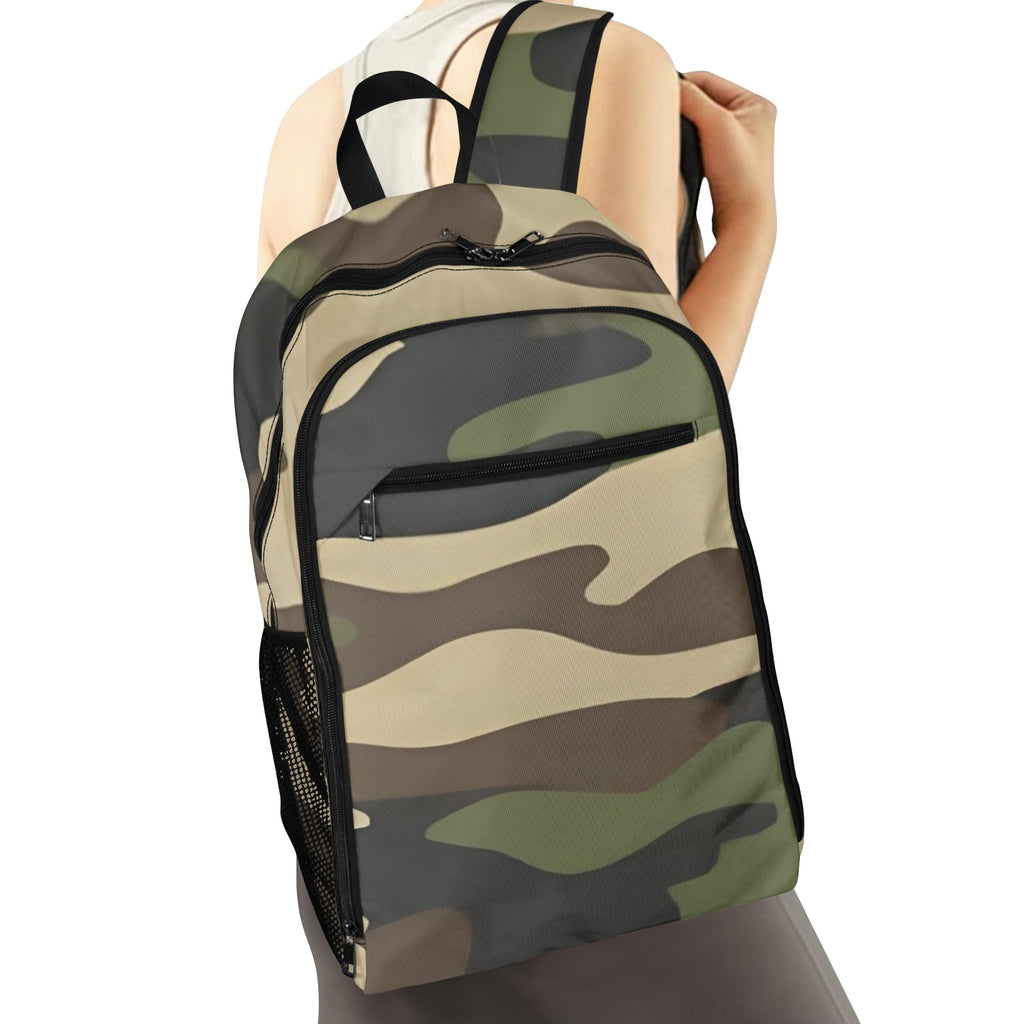 R&RH camo green unisex travel backpack with all over print, shown front view