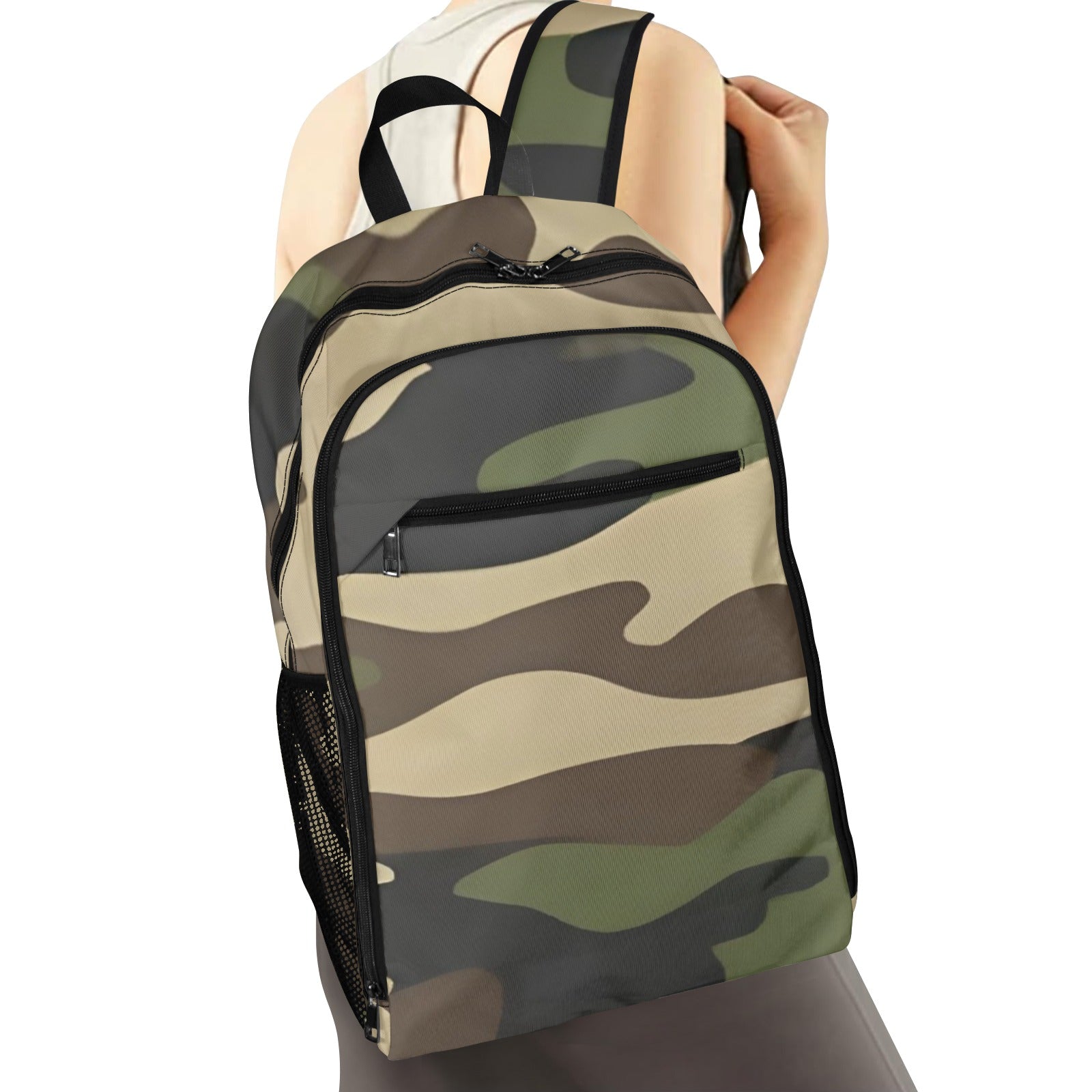 R&RH camo green unisex travel backpack with all over print, shown front view