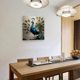 Vertical peacock canvas painting in blue and green tones, hand-framed 20×24 inches — product detail
