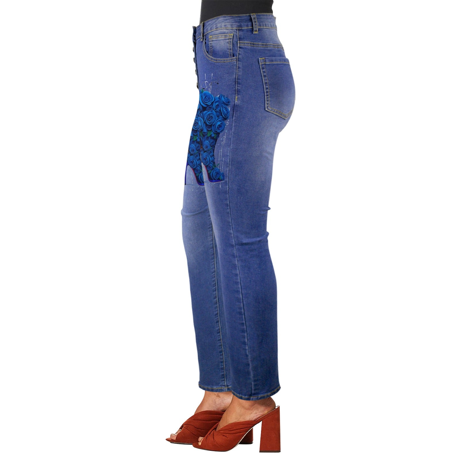 Rich and Rich Royal Blue Rose Boot Jeans for Women with front rose print and high waist