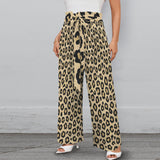 Brown animal print wide-leg women's pants with elastic waistband, tied belt, and side pockets — product detail