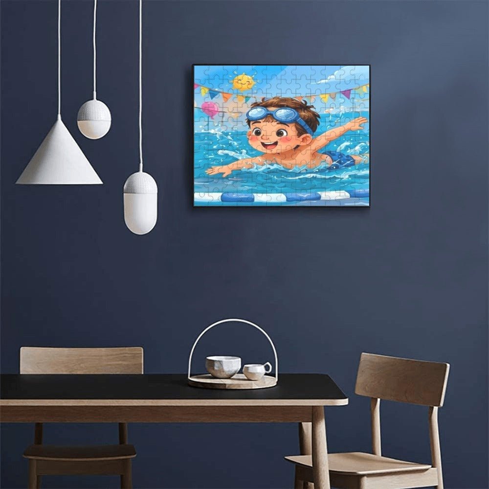 120-piece wooden jigsaw puzzle featuring kids swimming artwork, finished size 9.84×7.87 in — product detail