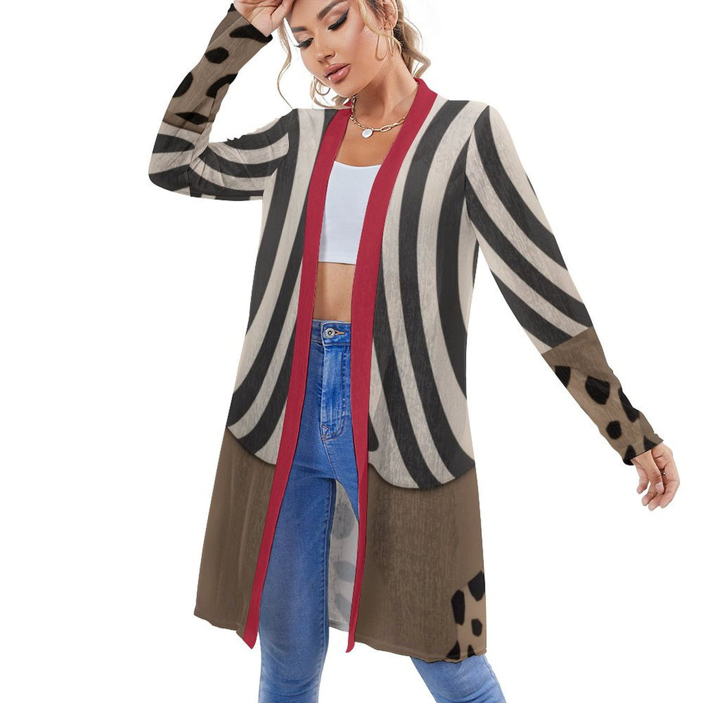 Rich and Rich Women's Brown Beige Red Striped Mid-Length Cardigan Front View