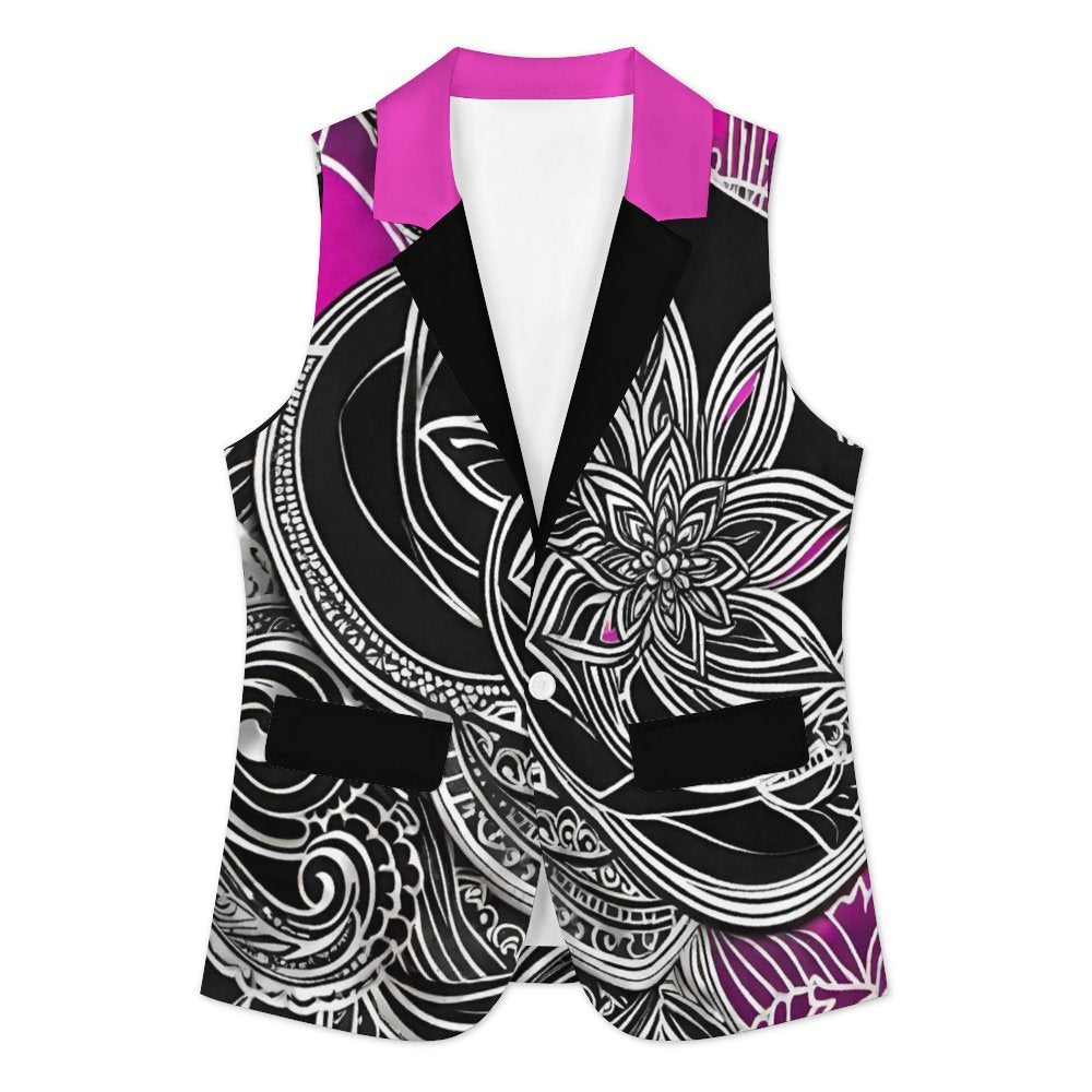 Women's sleeveless blazer vest in worsted wool with turn-down collar and one-button open front