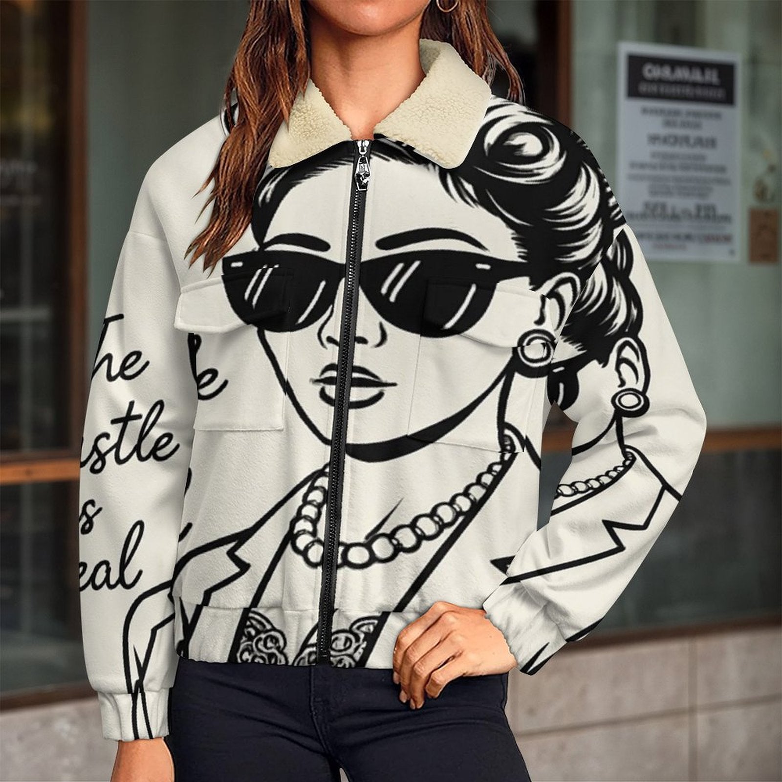 Beige women's fleece jacket with khaki sherpa lining and chest flap pockets — alternate view