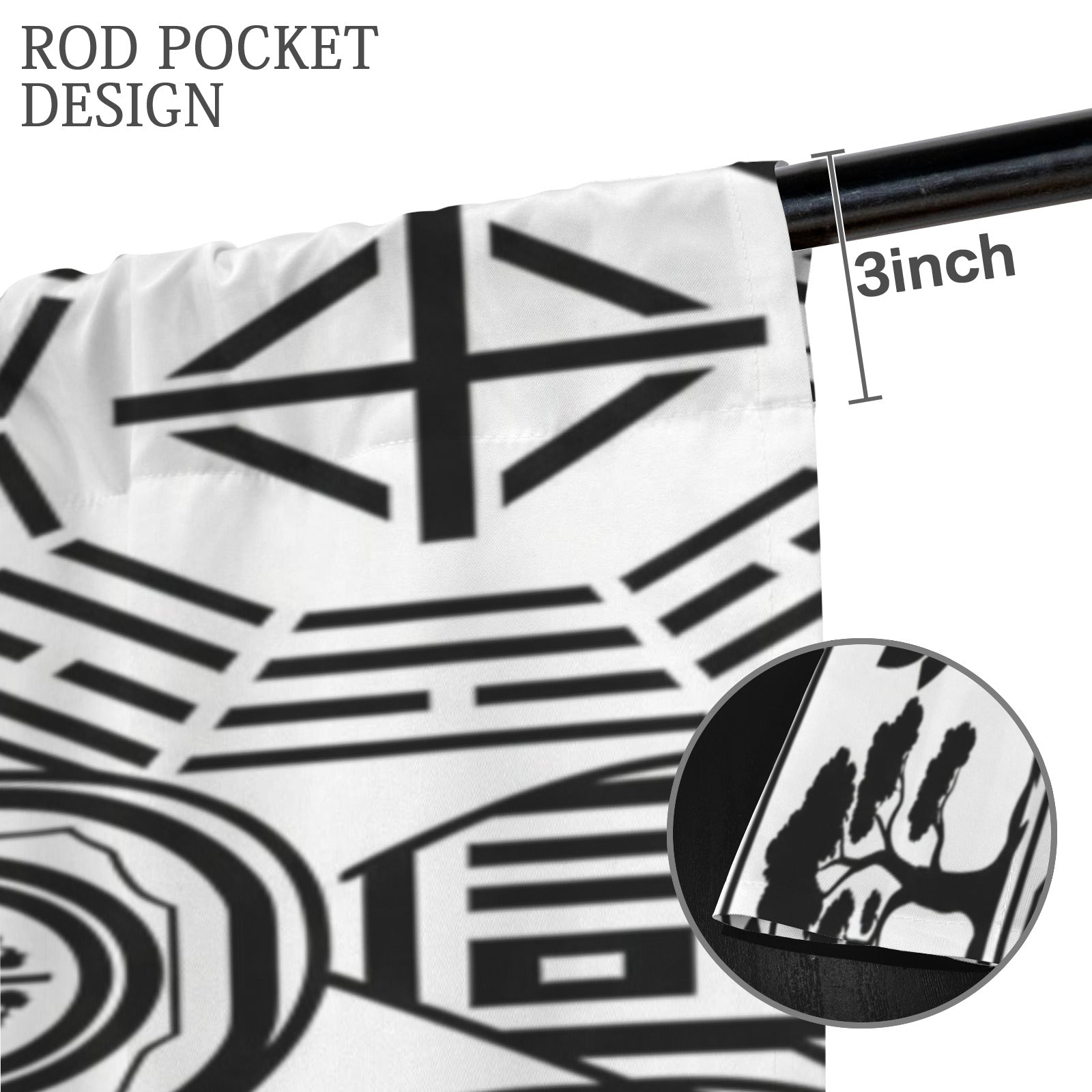 Rich and Rich Feng Shui black and white floor-to-ceiling curtains hanging in a modern living room