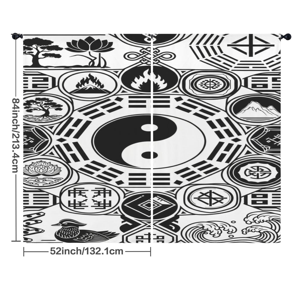 Rich and Rich Feng Shui black and white floor-to-ceiling curtains hanging in a modern living room
