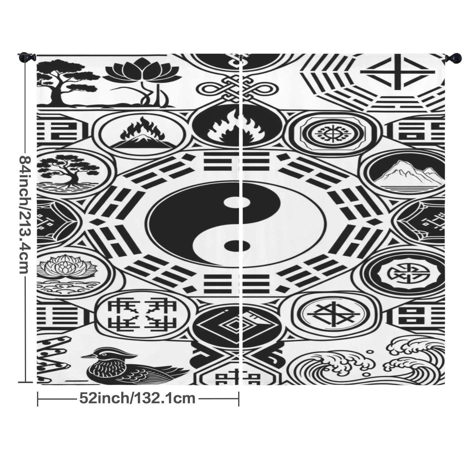 Rich and Rich Feng Shui black and white floor-to-ceiling curtains hanging in a modern living room