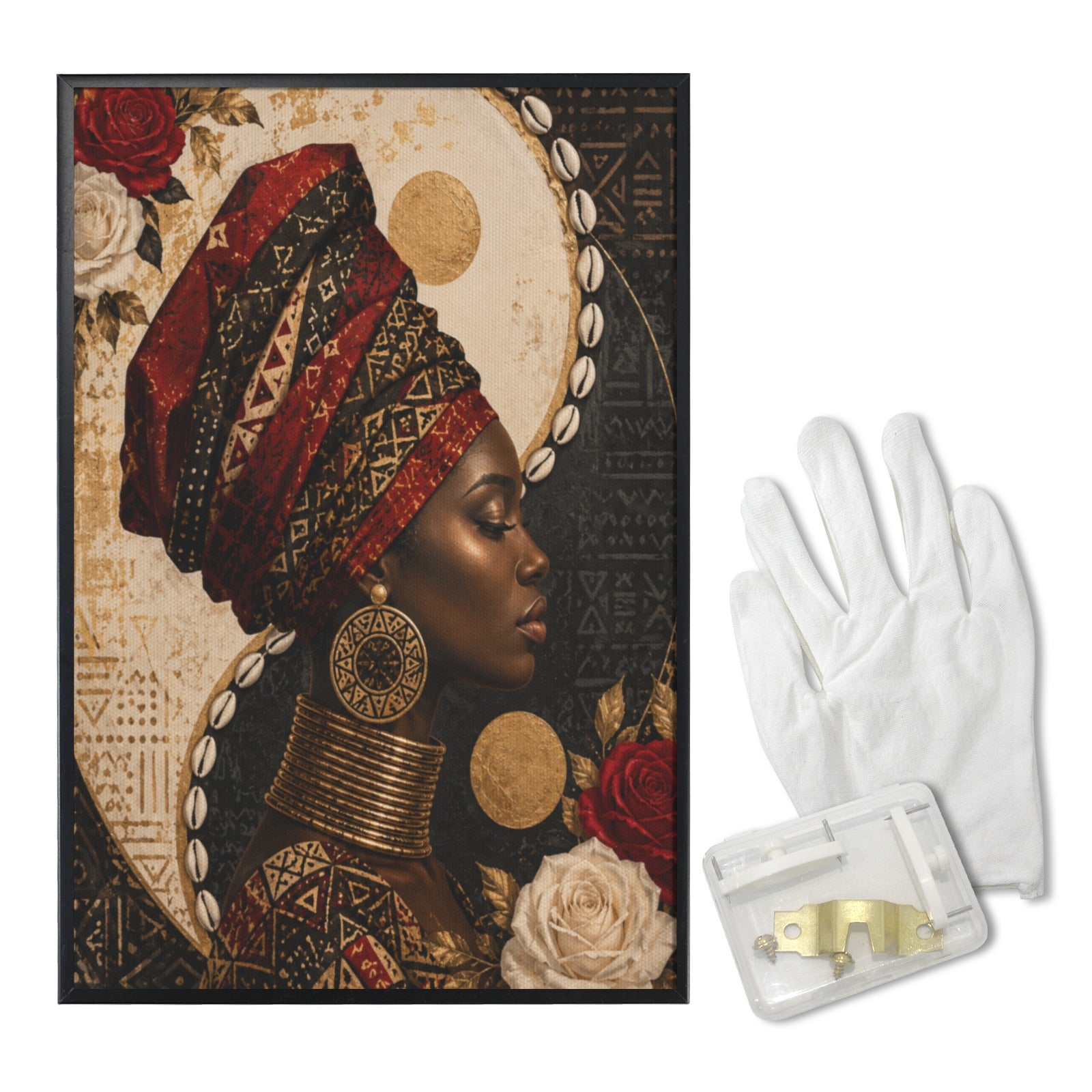 Framed canvas print with included brass hanging hardware and white cotton gloves
