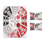 Crimson tribal-pattern queen fitted sheet with two matching pillowcases — side view