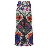 Floral wide-leg women's pants with drawstring waist and two pockets in a cotton-like fabric — additional view 6