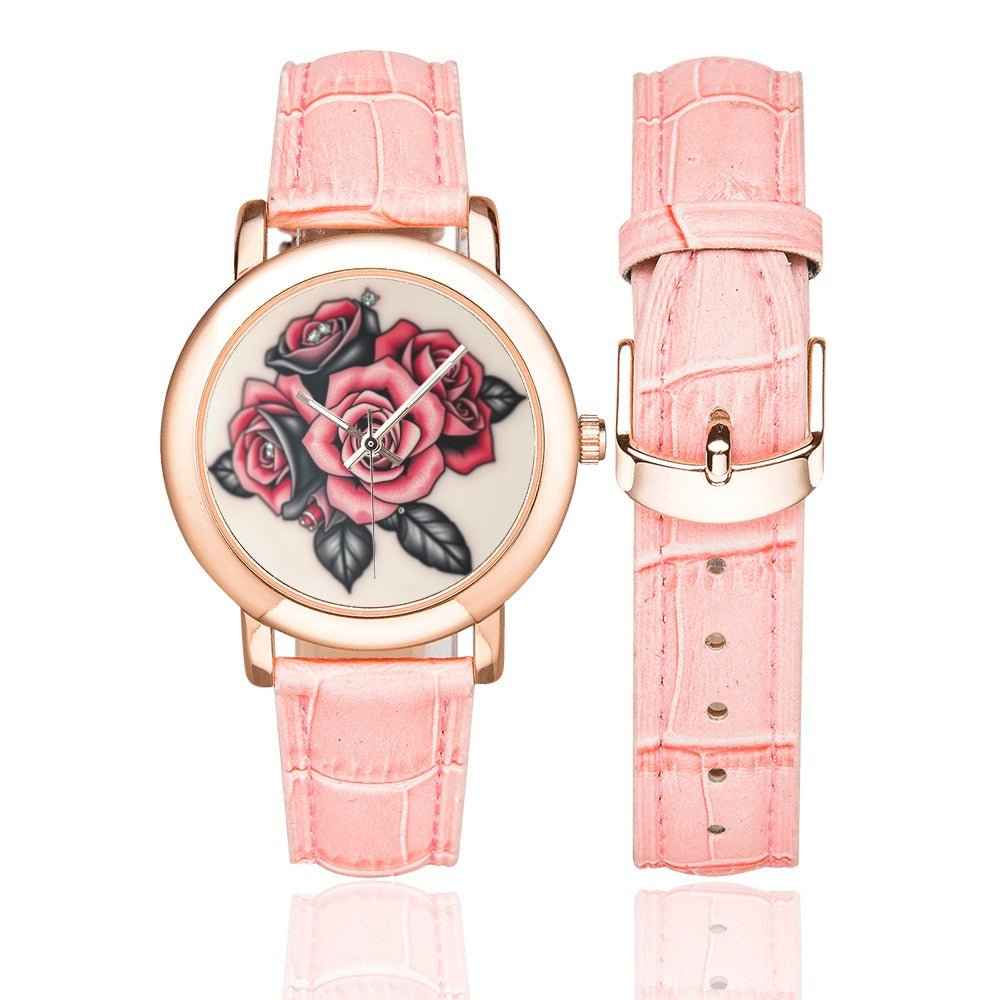 Women's rose gold band watch with rose design on the dial and leather strap