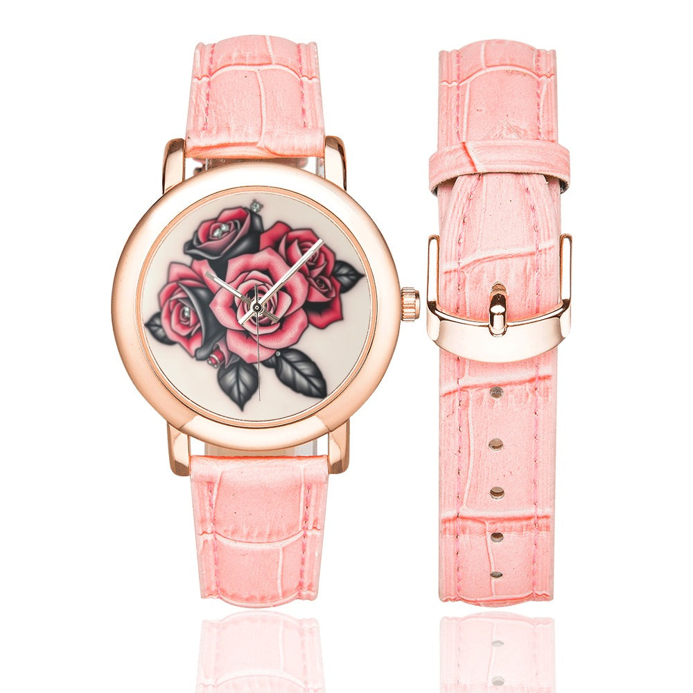 R&RH Roses Women's Rose Gold Band Watch with Rose Gold Leather Strap Model 201