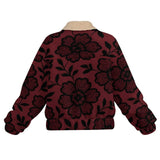 Burgundy fleece jacket with khaki sherpa lining, turn-down collar and chest flap pockets — rear view