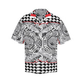 Black men's short-sleeve designer shirt with red trim, notch lapel and boxy fit — additional view 7