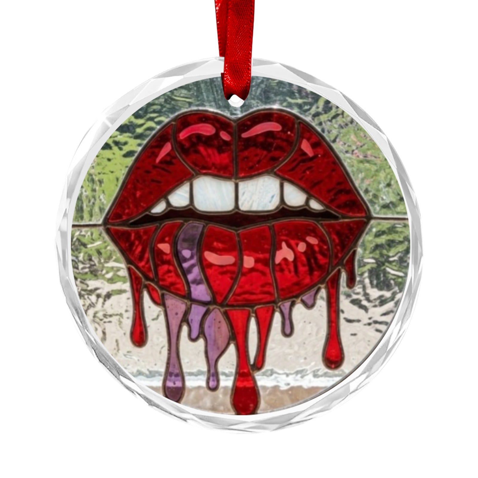 Crystal glass Halloween ornament with red lips and dripping blood design