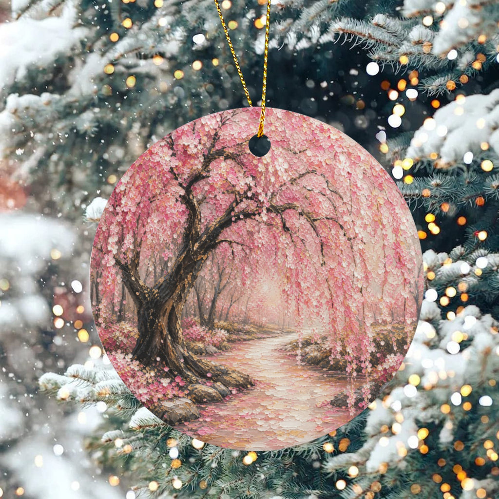 Japanese Pink Cherry Blossom Painting Round Ceramic Ornament (Two-Sided Same Print)