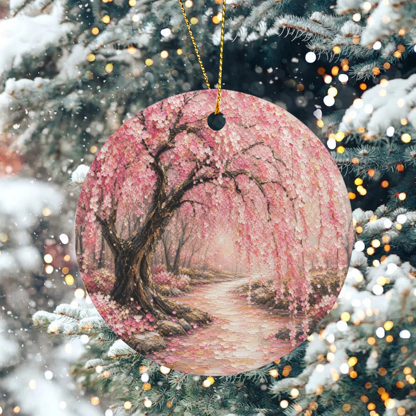 Japanese Pink Cherry Blossom Painting Round Ceramic Ornament (Two-Sided Same Print)
