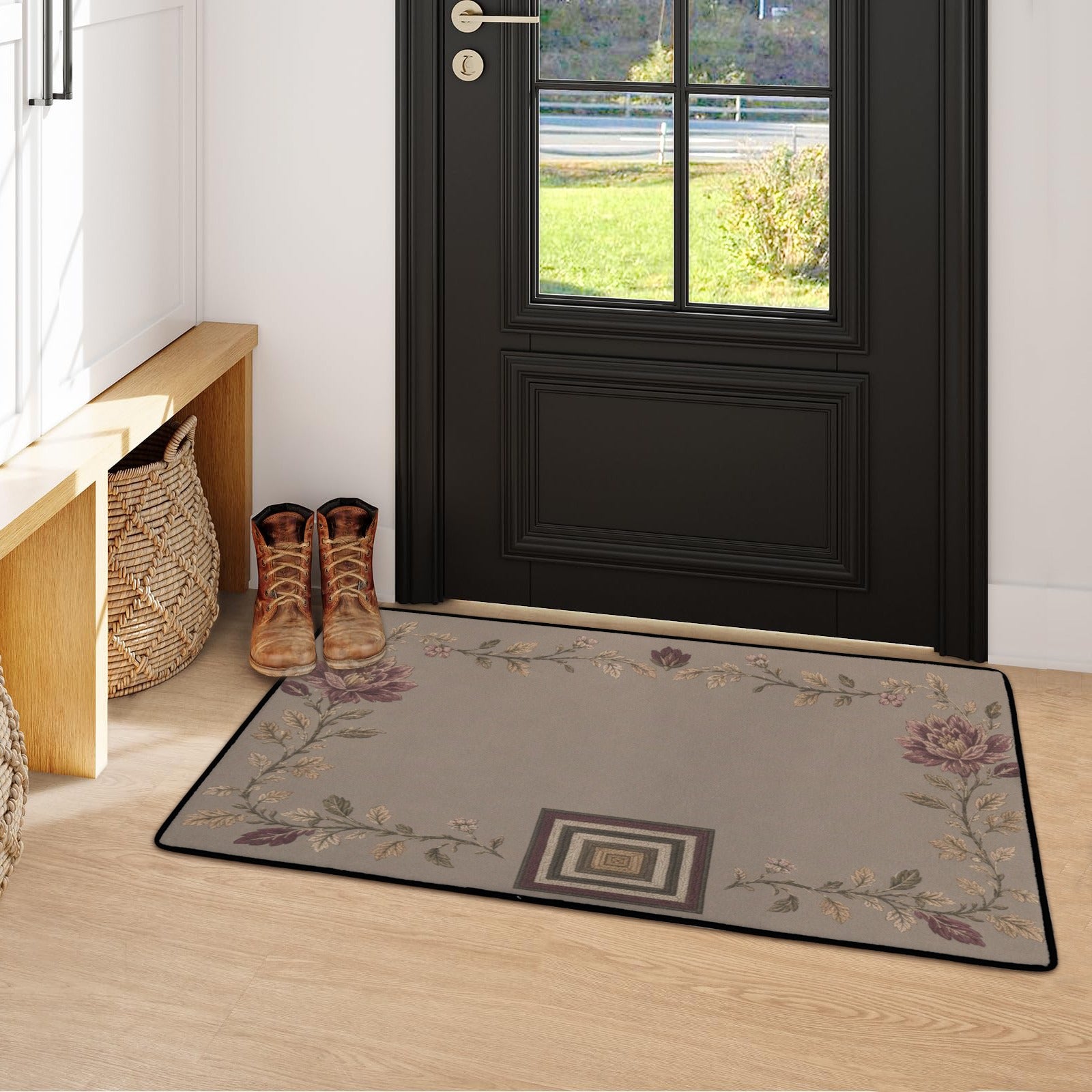 Beige Victorian floral rug with geometric motif on wood floor near entryway boots