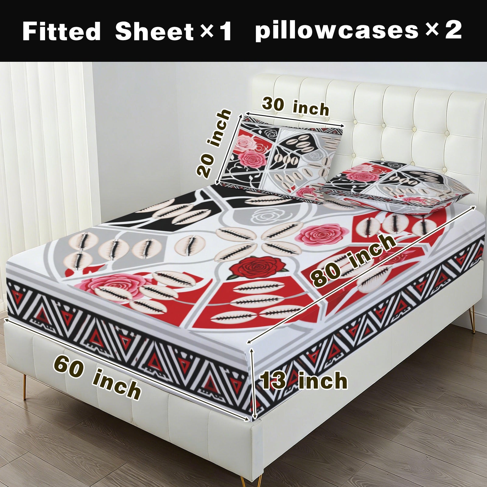 Crimson tribal-pattern queen fitted sheet with two matching pillowcases — additional view 6