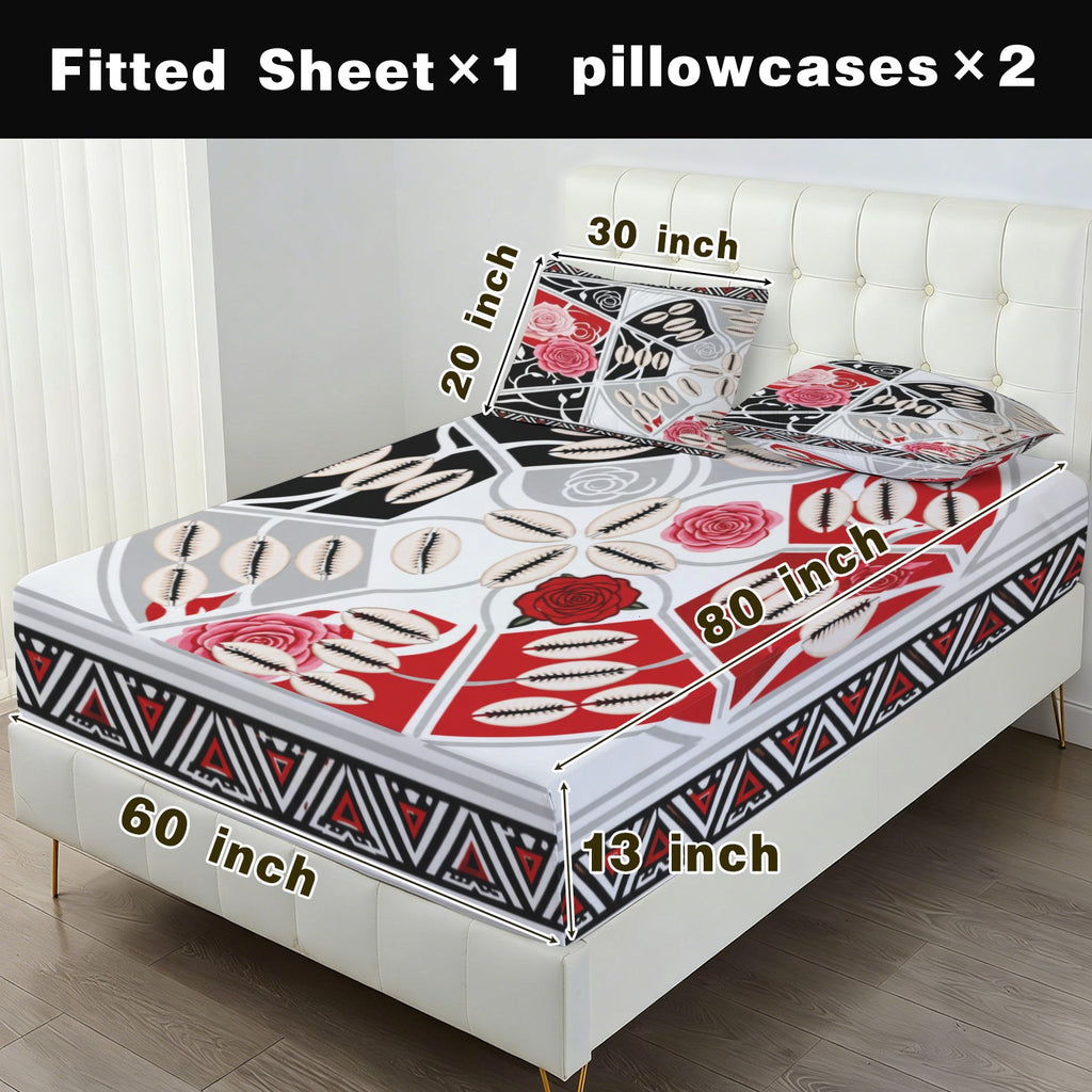 The Tribal Elegance Harmony Series – Crimson Harmony Queen Bed Set(Fitted Sheet + Pillowcases)
