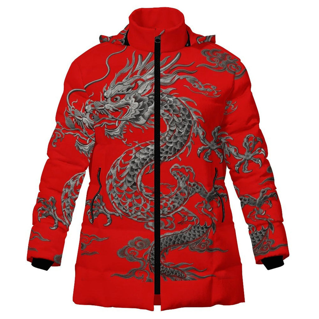 Front studio shot of red Chinese dragon hooded puffer coat