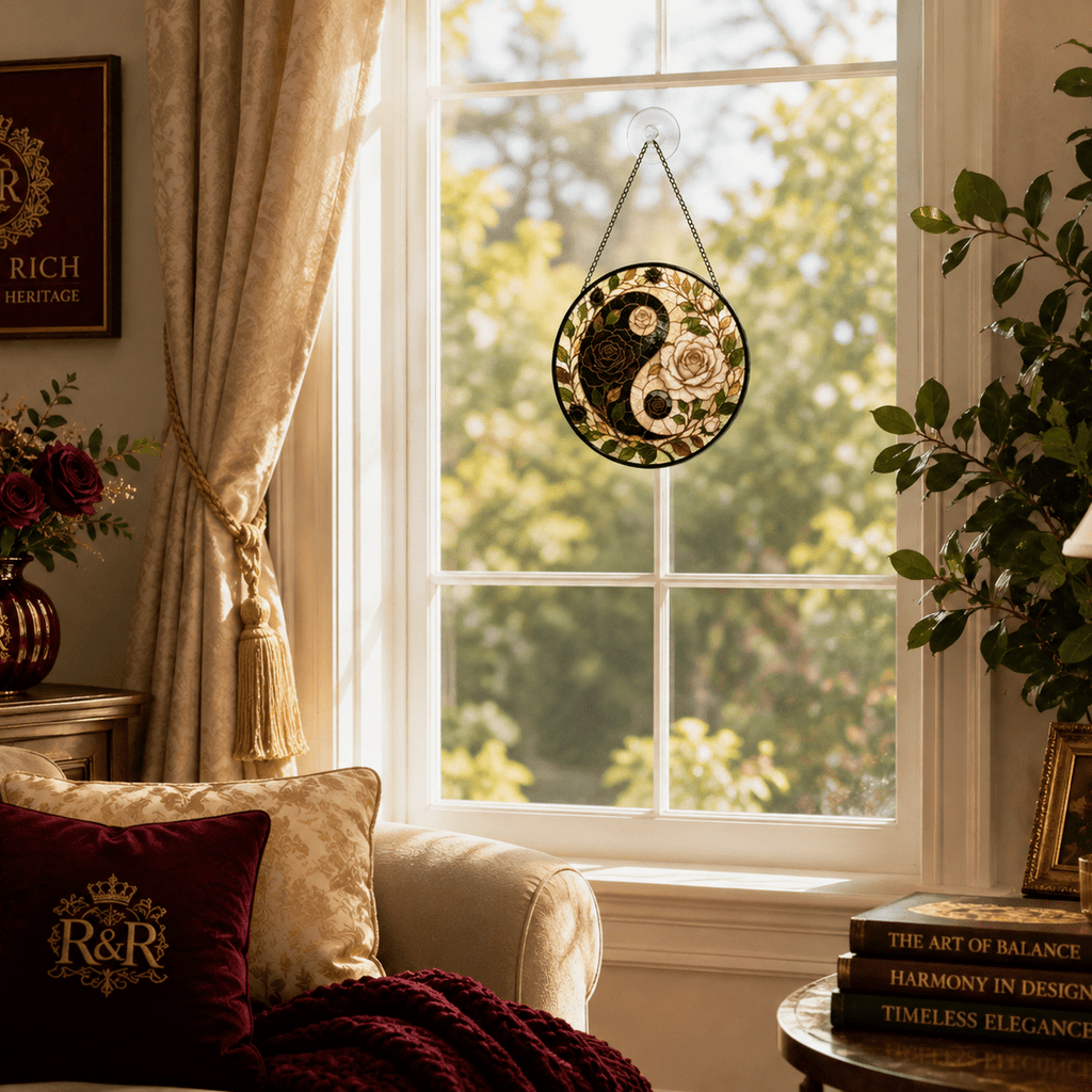 Rich and Rich Harmony Heritage Yin Yang Roses Glass Suncatcher - Rich and Rich Homeopportunities