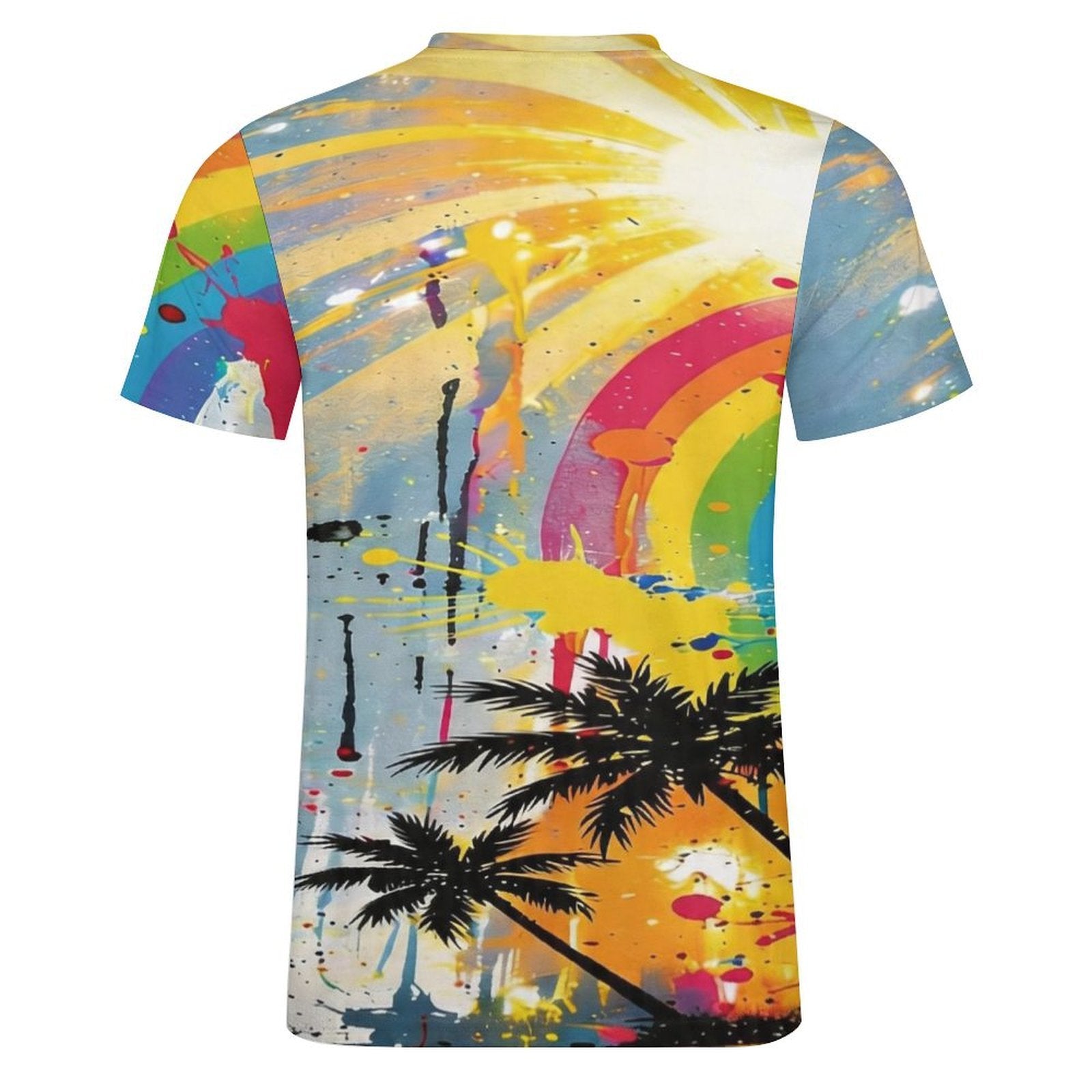 Men’s yellow graffiti graphic cotton T-shirt with classic round neckline and casual fit — rear view