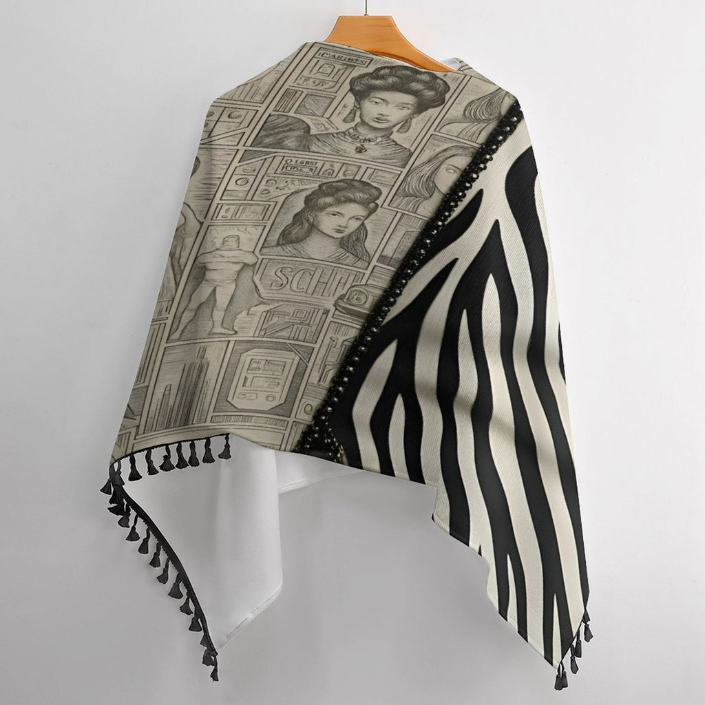 Rich and Rich Black and Beige Women's Tassel Cape with loose cardigan style