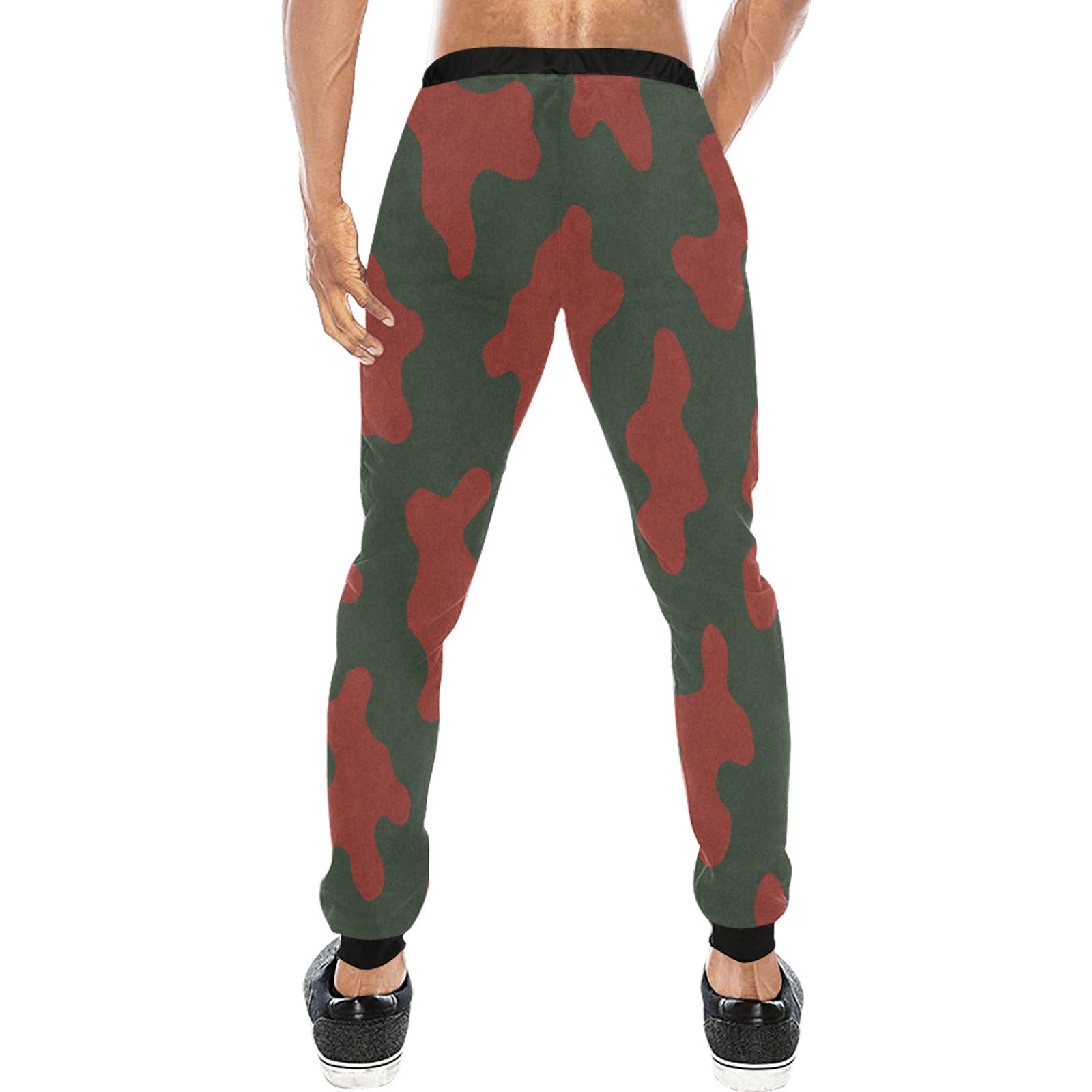 Men's red all-over camo print sweatpants with tapered legs and drawstring waist — product detail