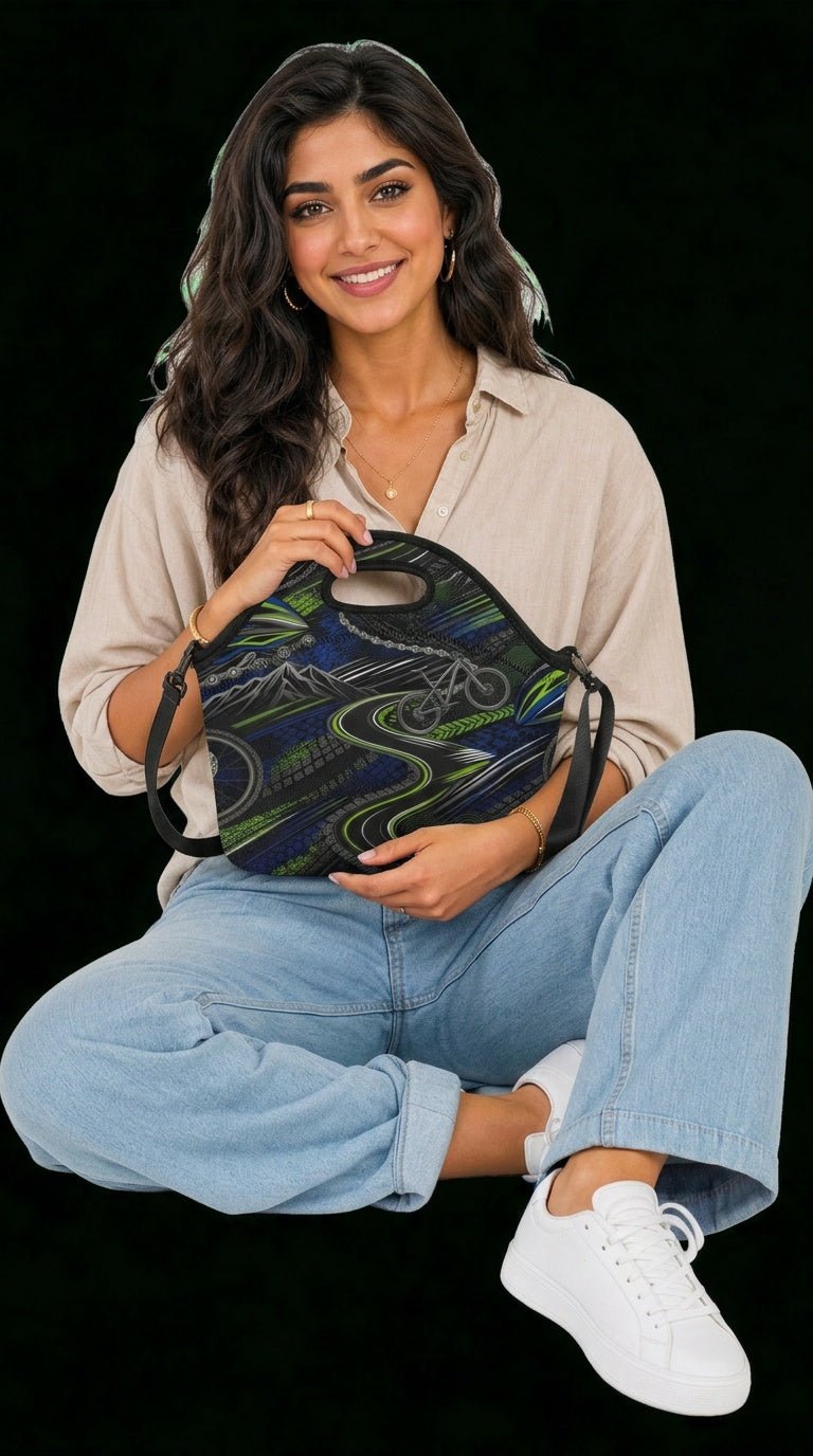 Woman sitting holding black insulated lunch bag with cycling design