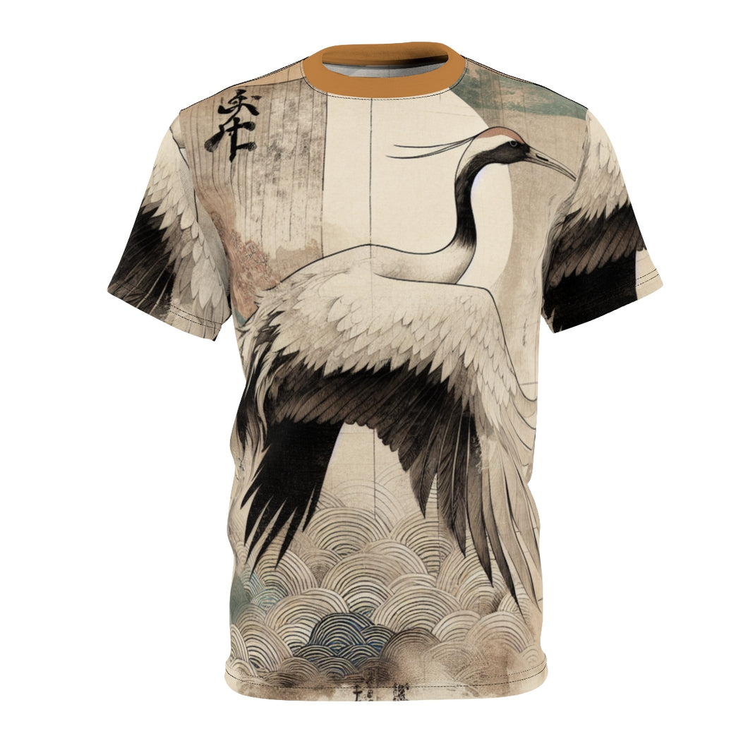 Elegant Crane Print Tee for Nature Lovers, Unique Graphic Shirt, Wildlife Art T-Shirt, Gift for Bird Enthusiasts, Casual Stylish Top