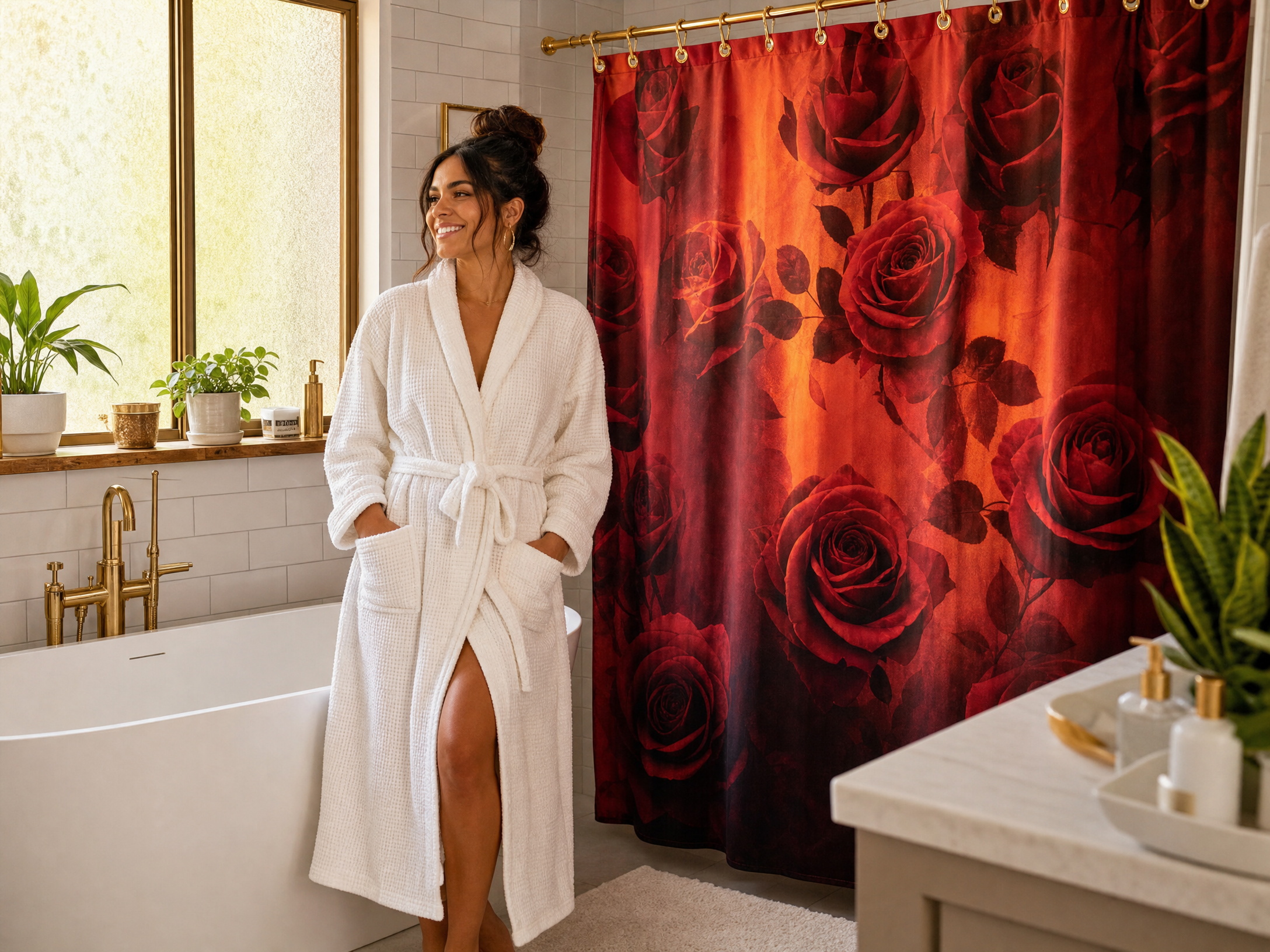 R&RH Red Rose Gradient Shower Curtain — model wearing product