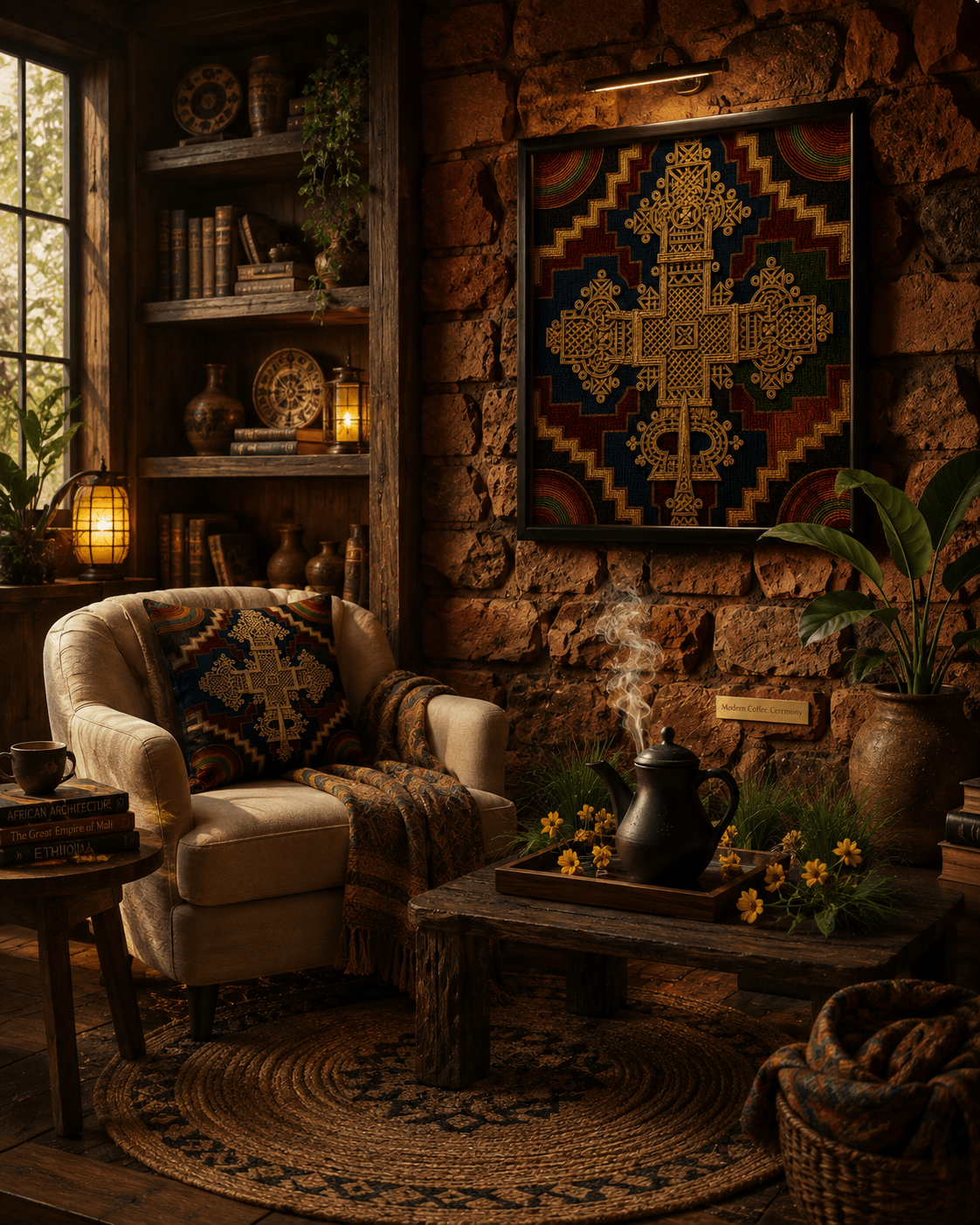 18×18 faux linen throw pillow with multicolor Ethiopian cross inspired pattern and square shape — alternate view