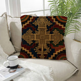 18×18 faux linen throw pillow with multicolor Ethiopian cross inspired pattern and square shape — side view