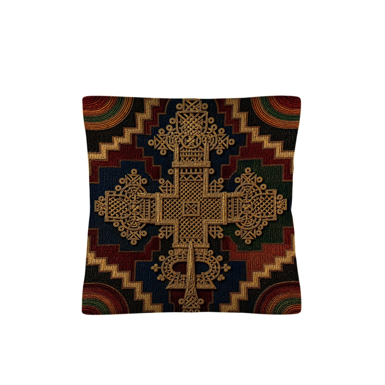 18×18 faux linen throw pillow with multicolor Ethiopian cross inspired pattern and square shape — rear view