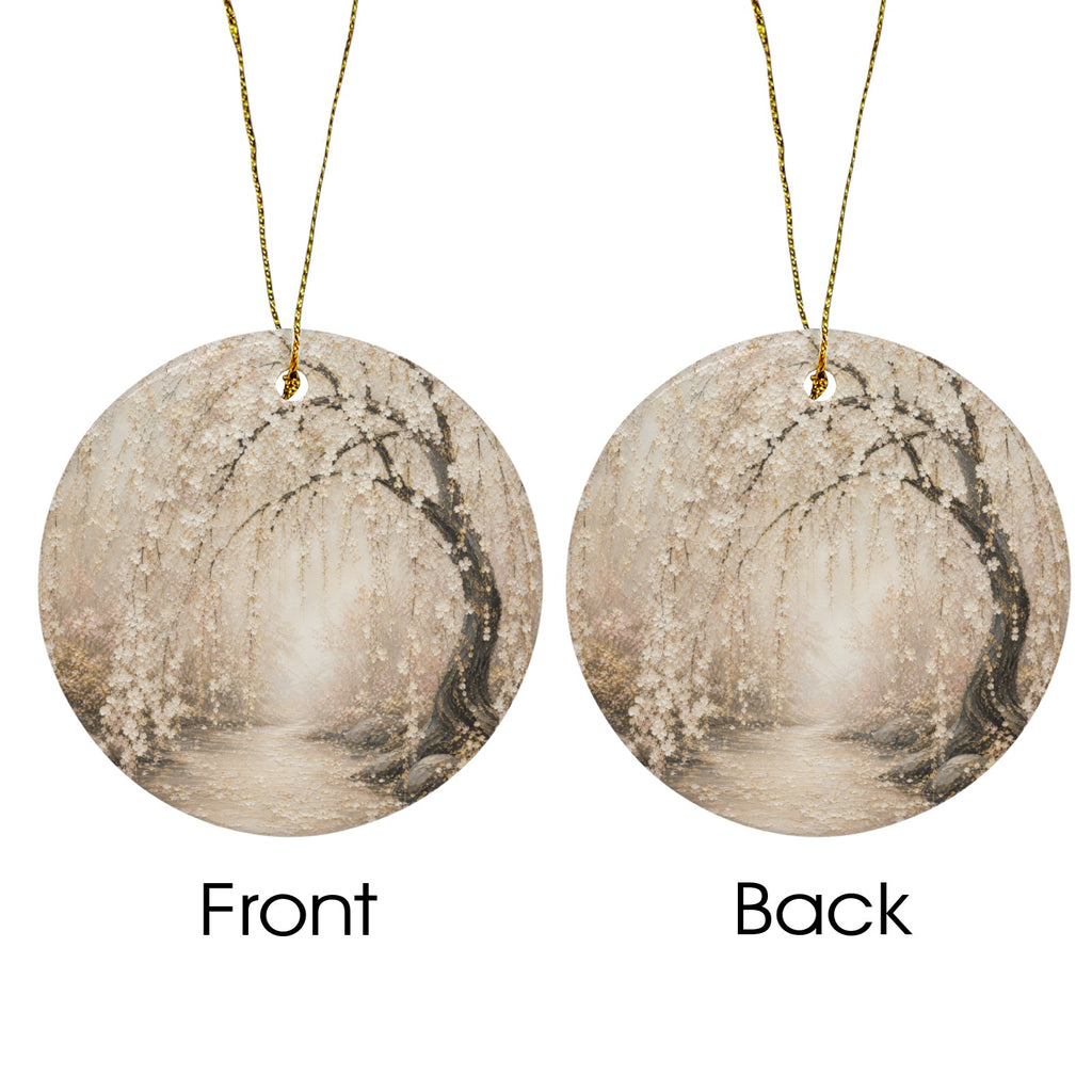 Japanese White Cherry Blossom Painting Round Ceramic Ornament (Two-Sided Same Print)
