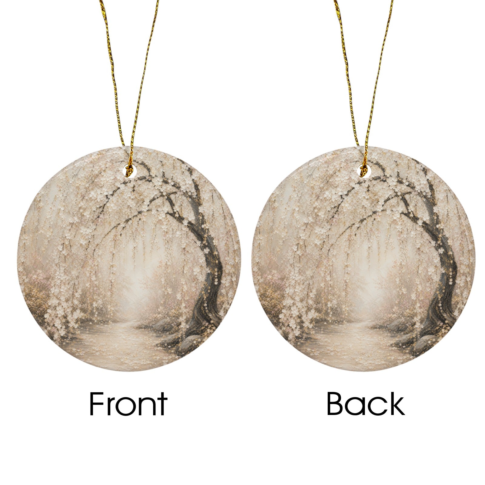 Japanese White Cherry Blossom Painting Round Ceramic Ornament (Two-Sided Same Print)