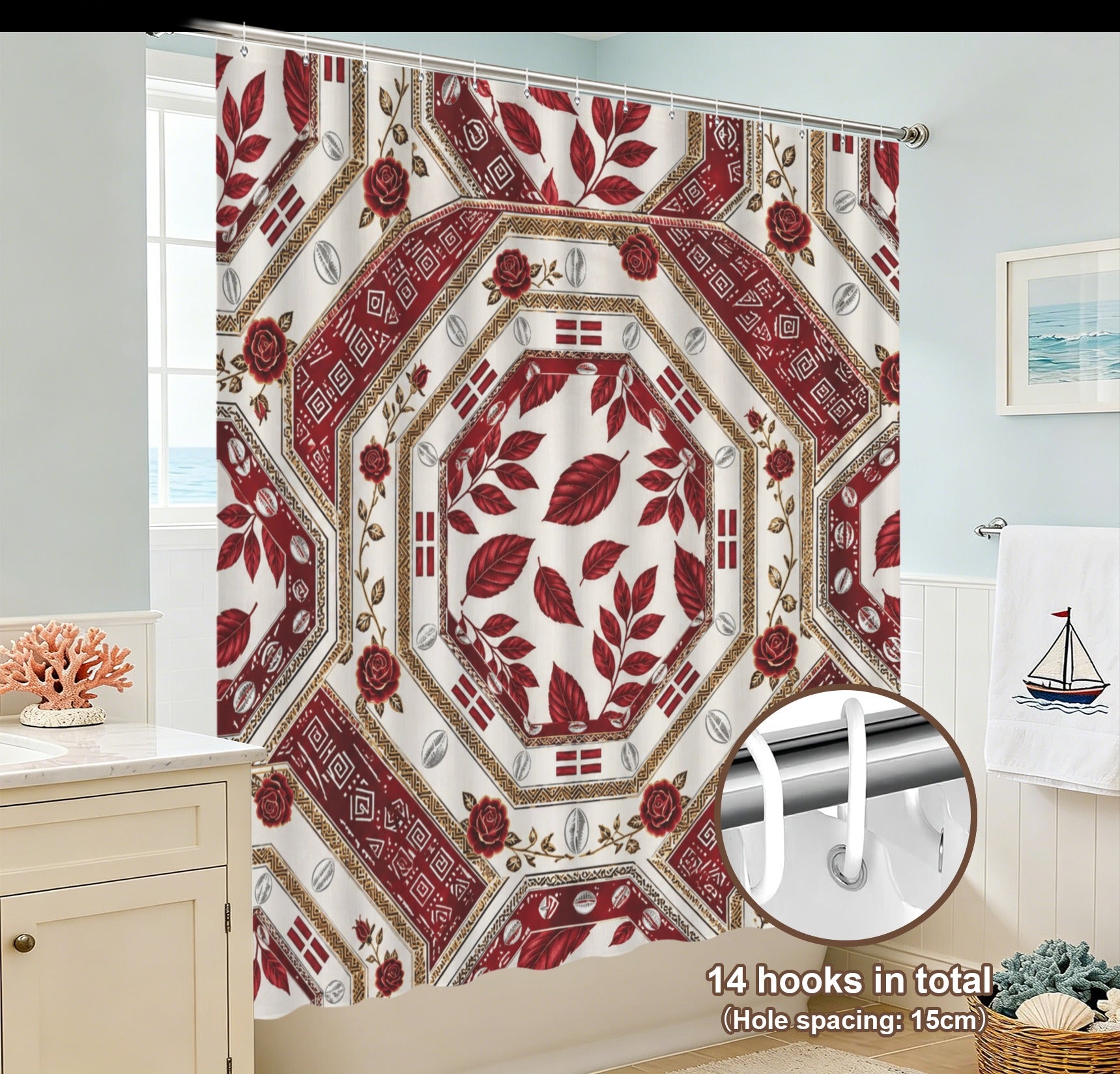 Shower curtain with Crimson Oasis design in crimson and ivory, reinforced metal grommets, 84 by 70.9 inch — additional view 6