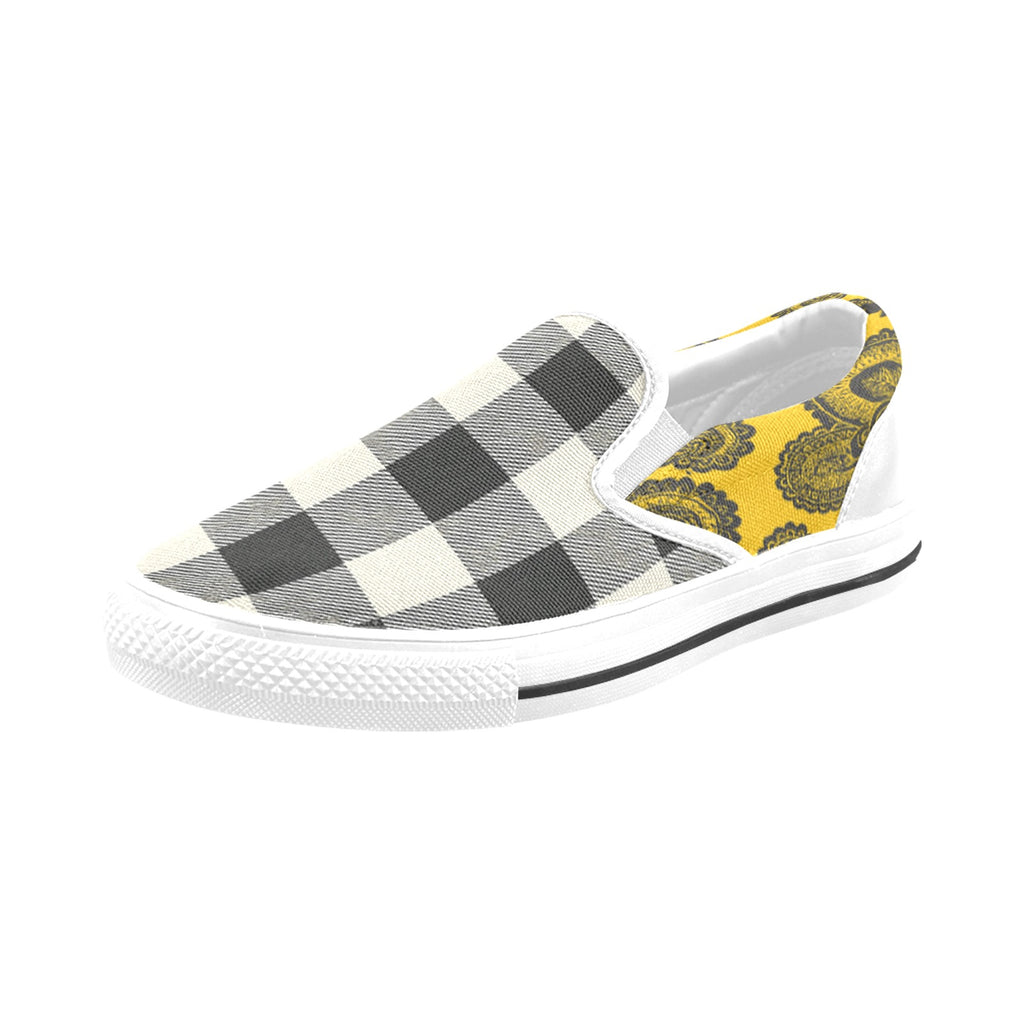 Rich and Rich Men's Yellow Abstract and Checkers Slip On Canvas Shoe Men's Slip-on Canvas Shoes (Model 019)